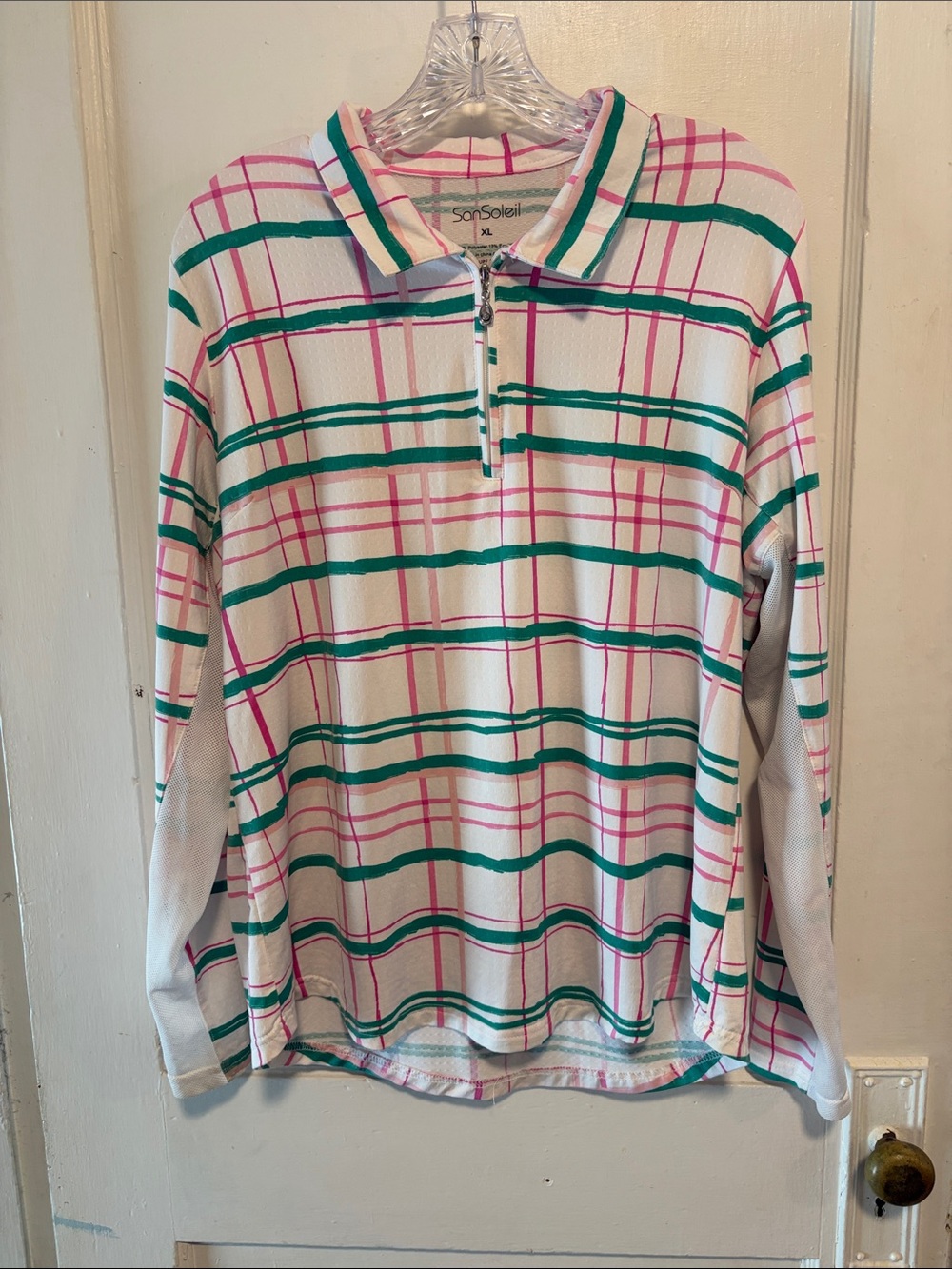 SunSoleil Stripe Polo Shirt Top Pink Green White Preppy UPF 50 Sun Protection XL